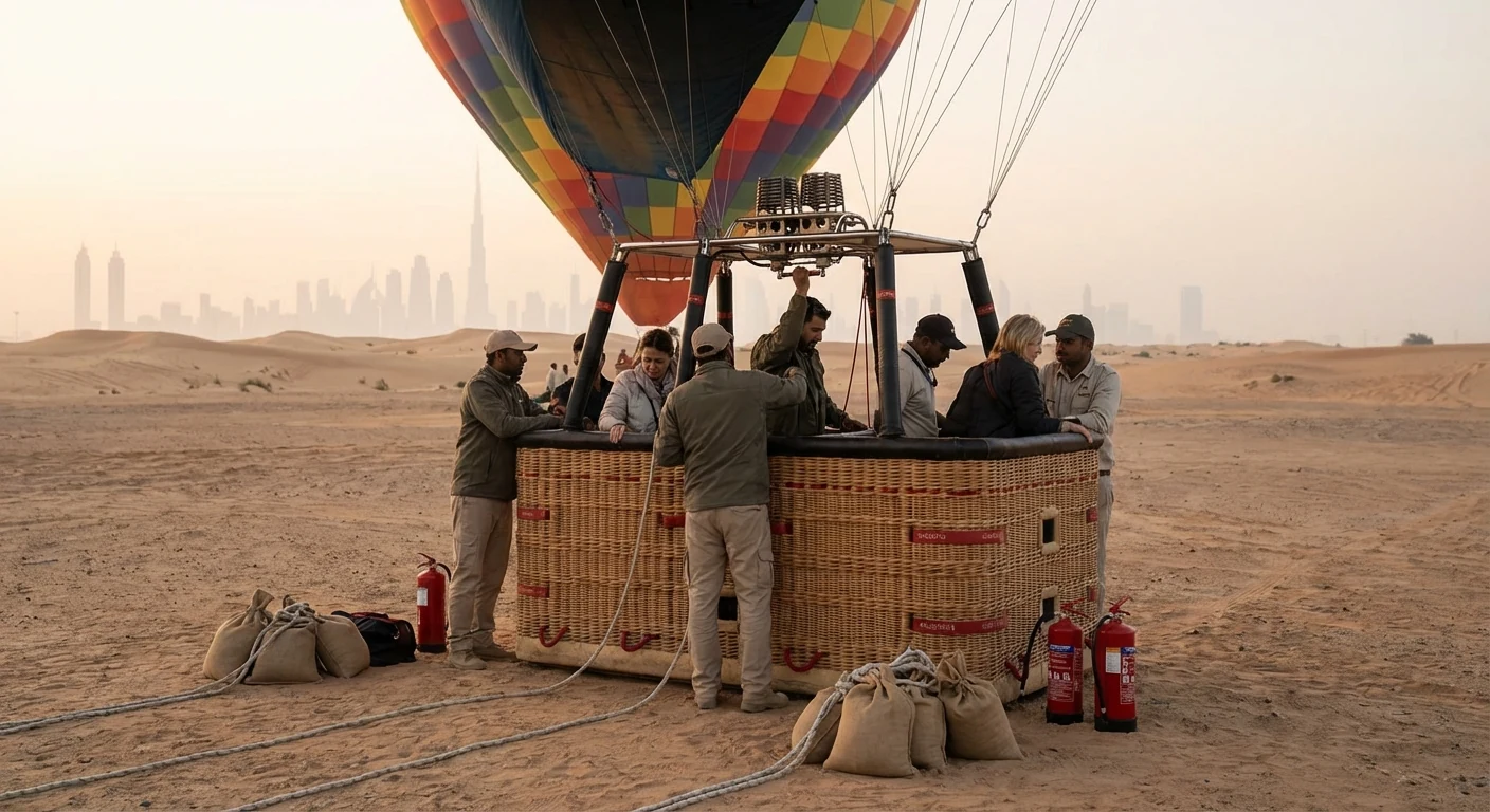 Passengers boarding a hot air balloon basket in the desert