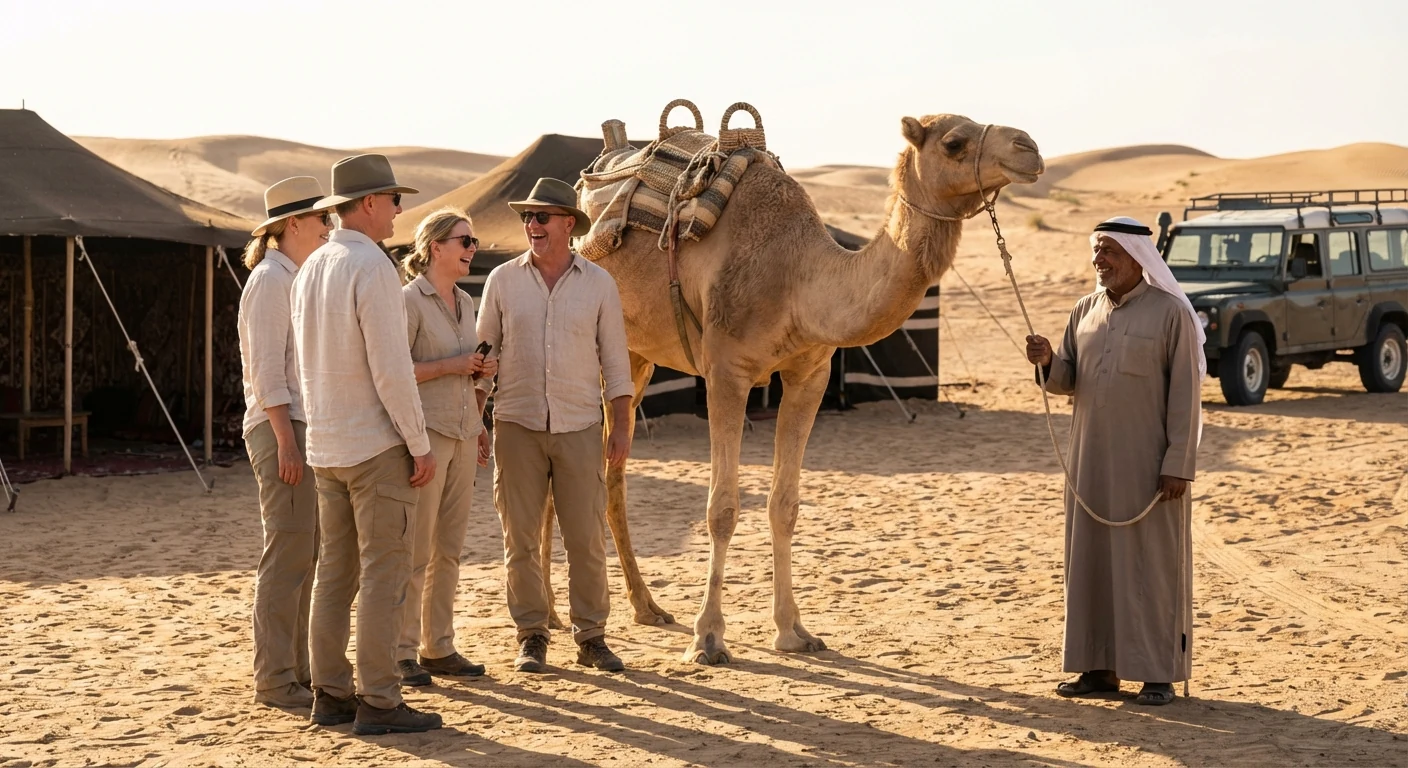 Camel add-on with safari - Short camel ride stop with guide and guests in Dubai desert