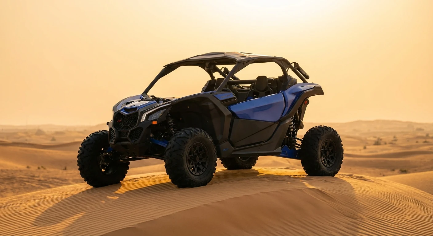 Blue Can-Am Maverick style 2 seater dune buggy on Dubai sand dunes
