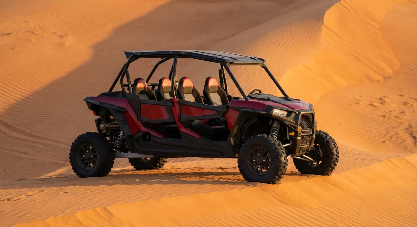 Deep red 4 seater dune buggy on Dubai sand dunes