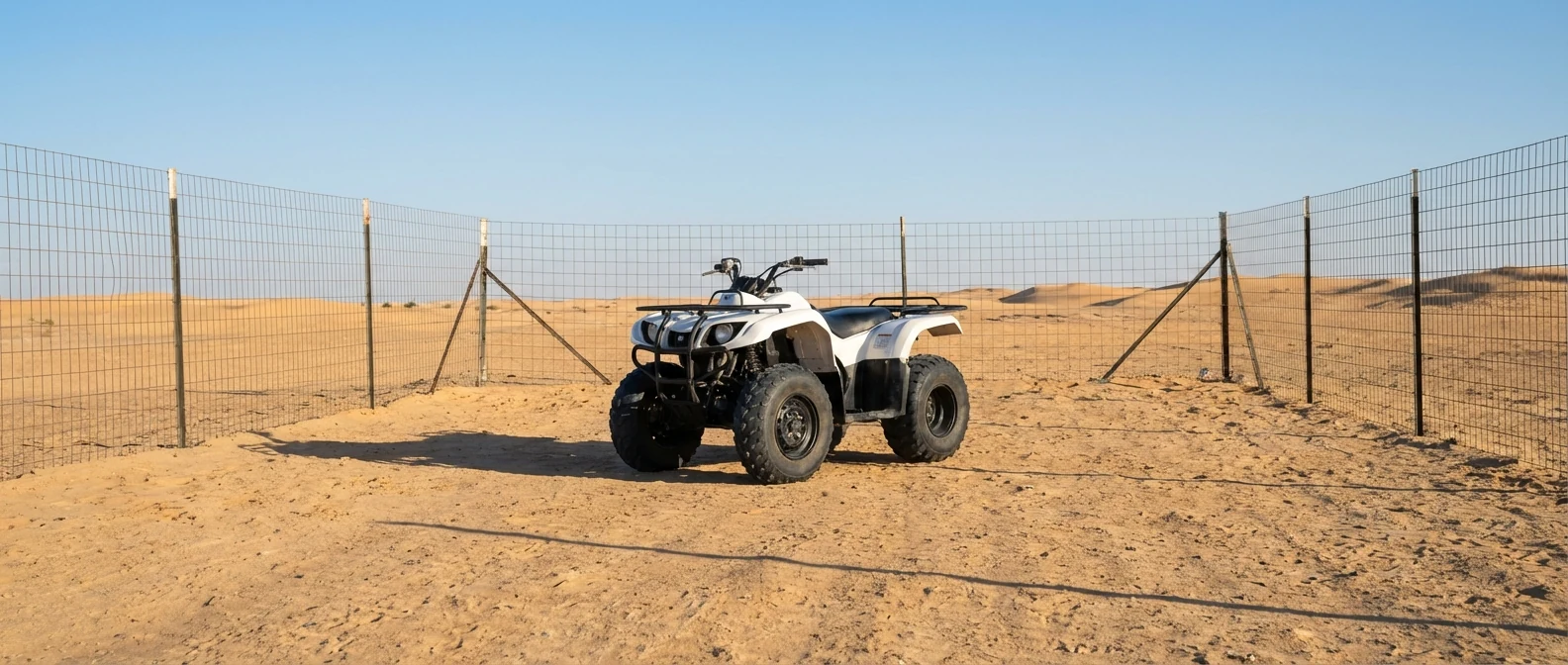 White single seater utility quad bike in a Dubai fenced riding area