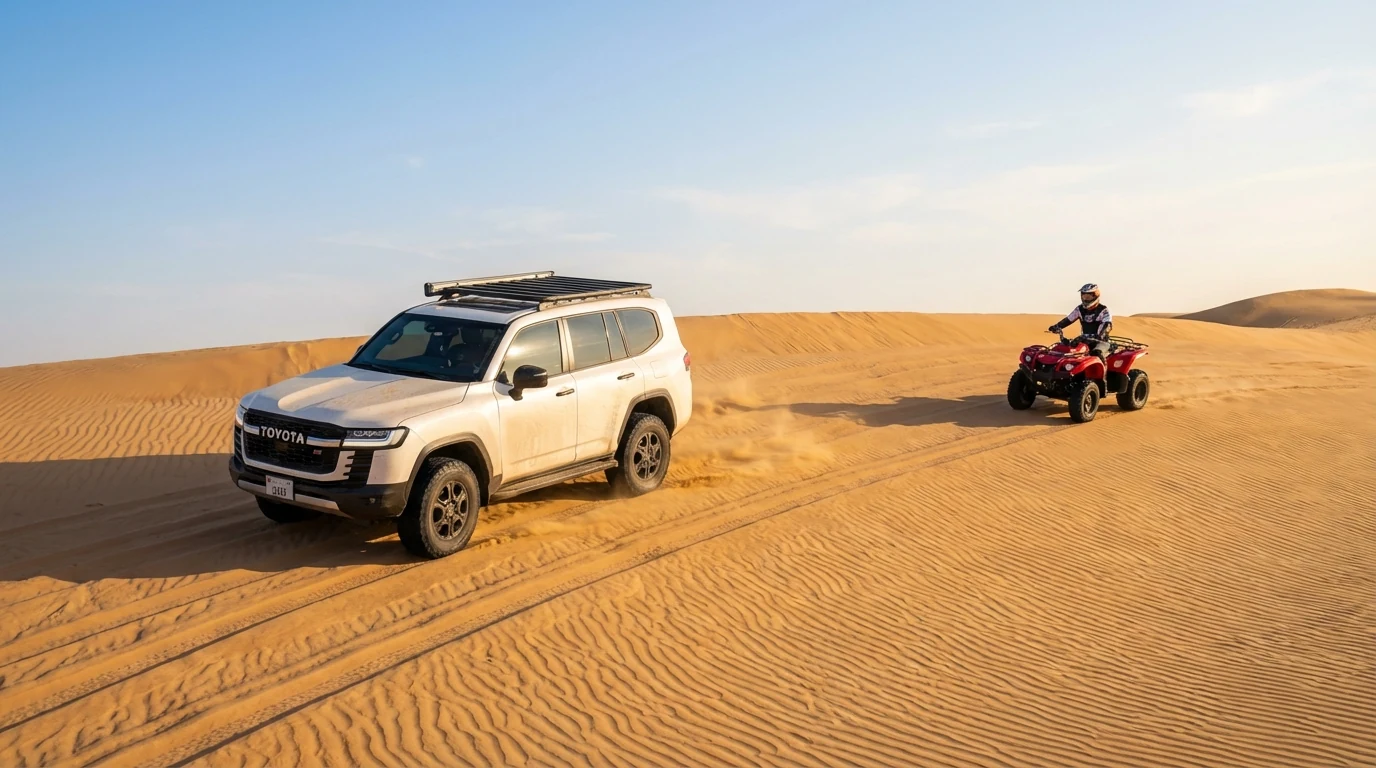 White 2025 Toyota Land Cruiser and quad bike in Dubai dunes