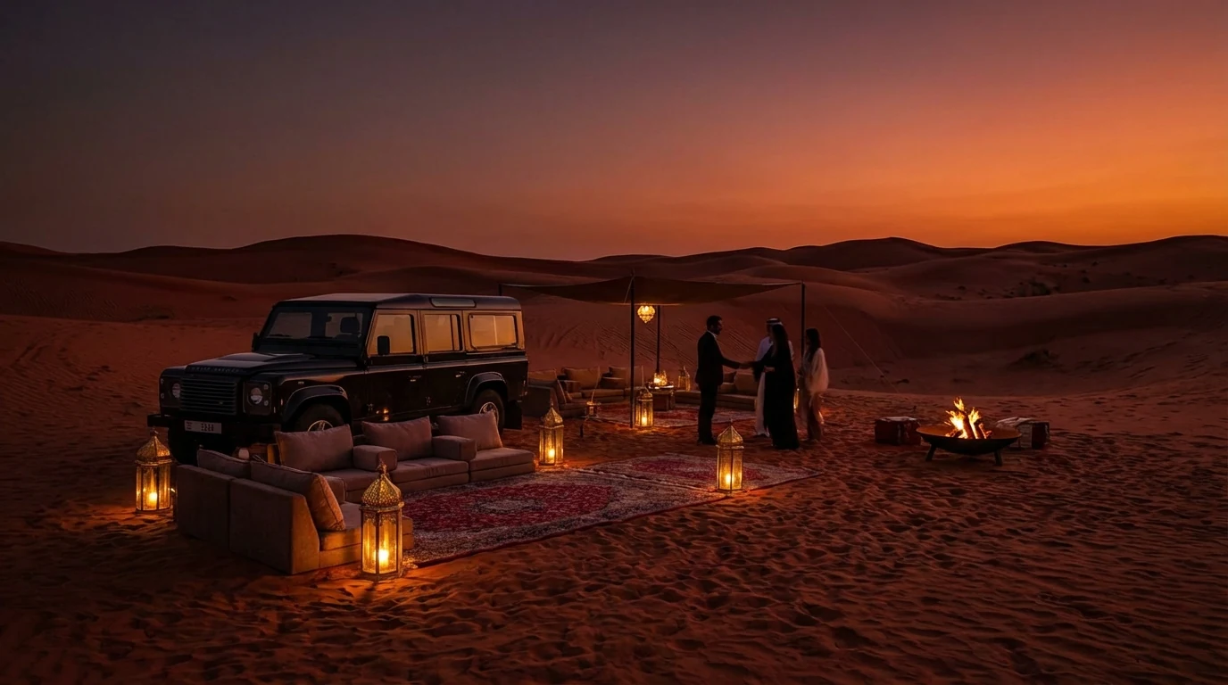 Private evening desert safari with premium camp setup in Dubai