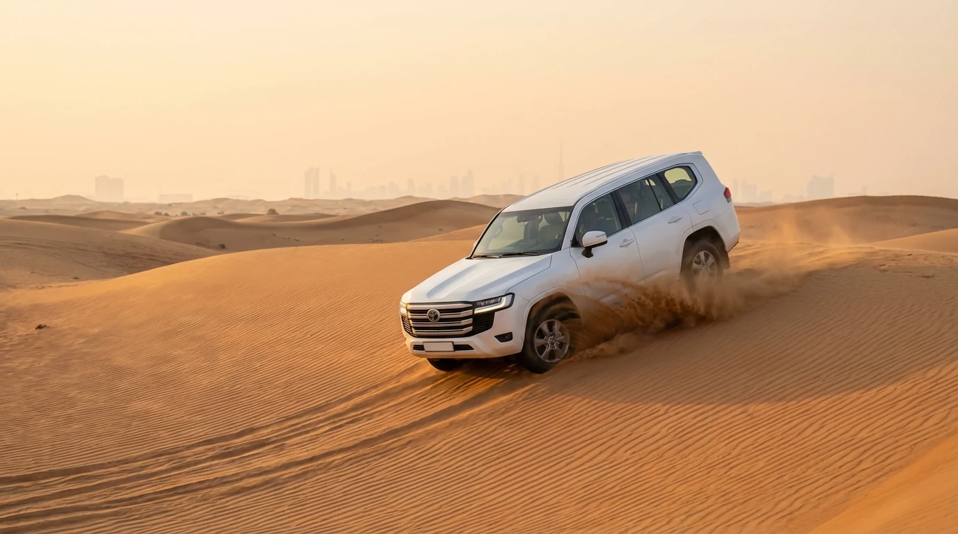 White 2025 Toyota Land Cruiser in open Dubai dunes for a private morning safari