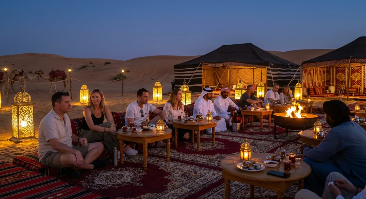 Guests enjoying a Dubai desert camp setup