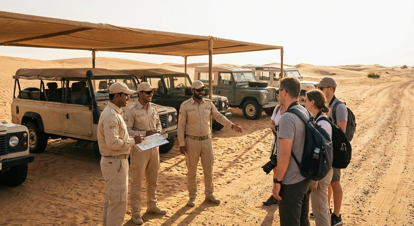 Dubai desert adventure team preparing guests for a tour