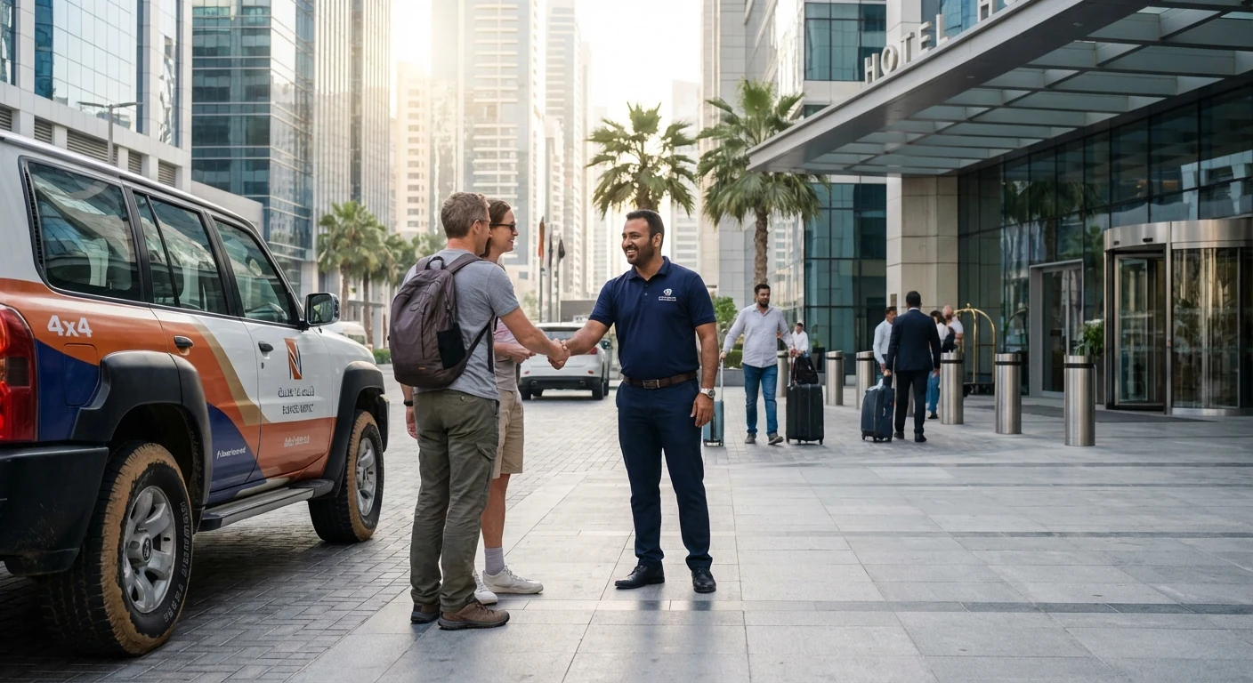 Tour coordinator welcoming guests at a Dubai meeting point