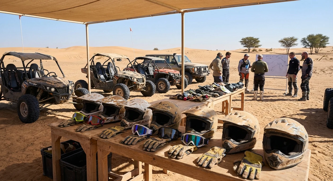 Desert safety gear laid out beside adventure vehicles