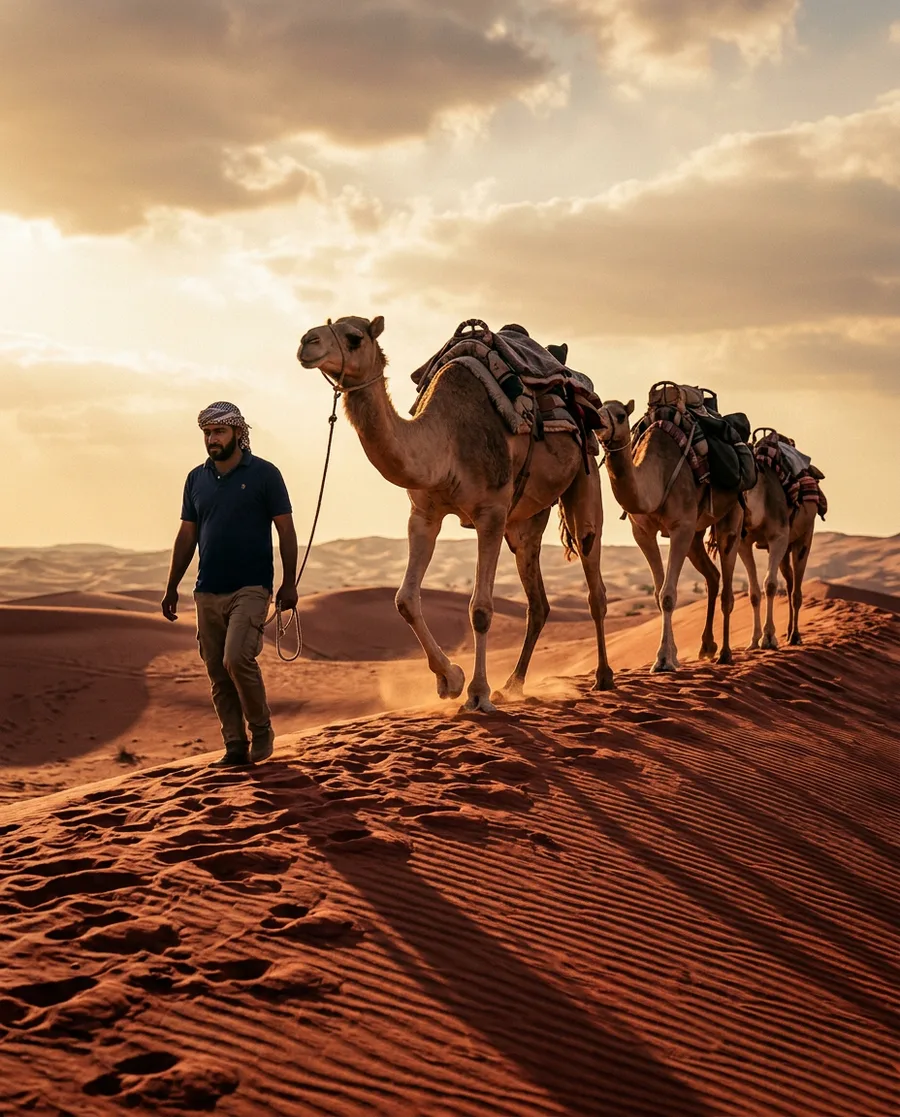 Camel caravan walking across a dune ridge at golden hour in Dubai