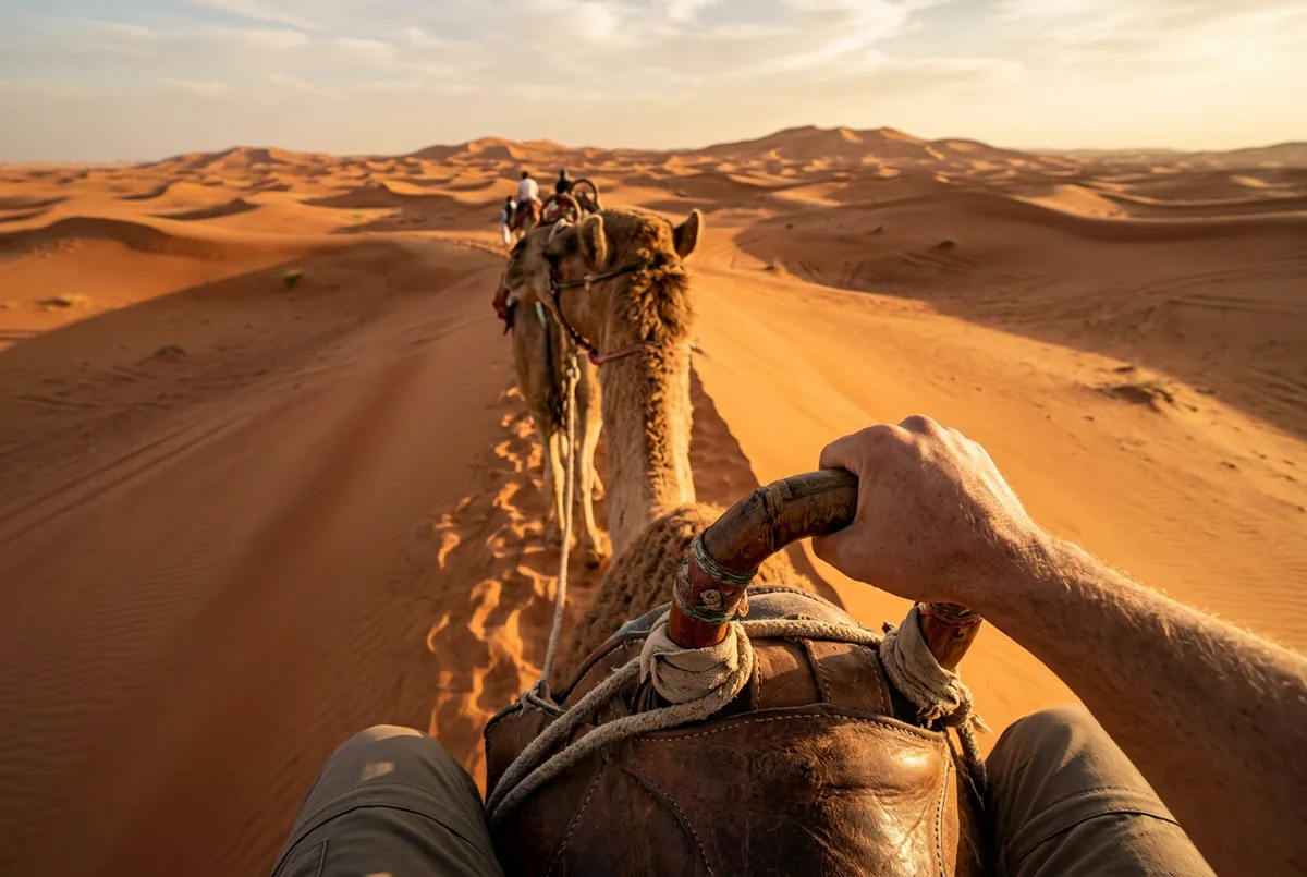 Rider's point-of-view from a camel saddle looking out over the Dubai desert dunes