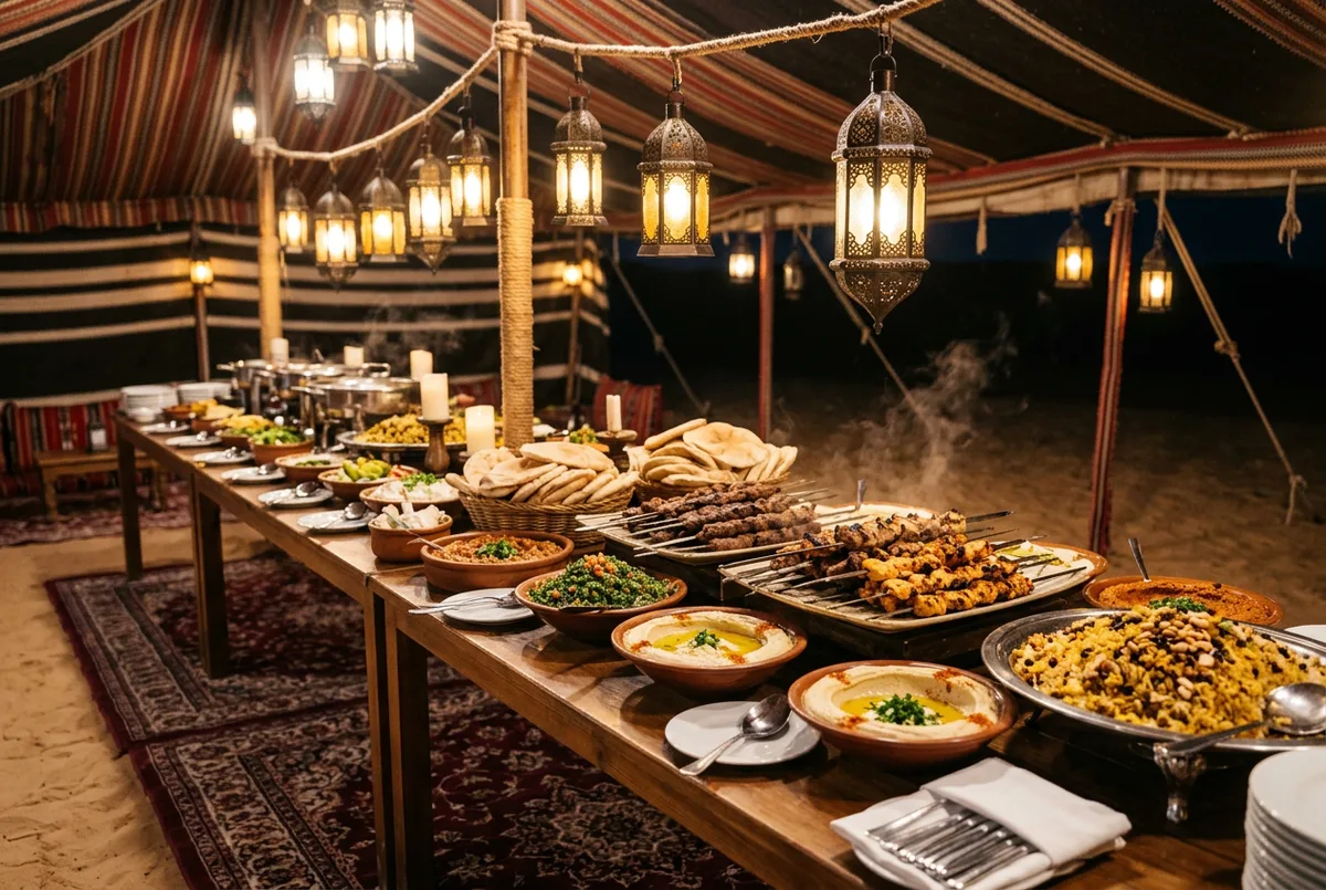 International BBQ buffet spread with grilled skewers and salads at a Dubai desert camp