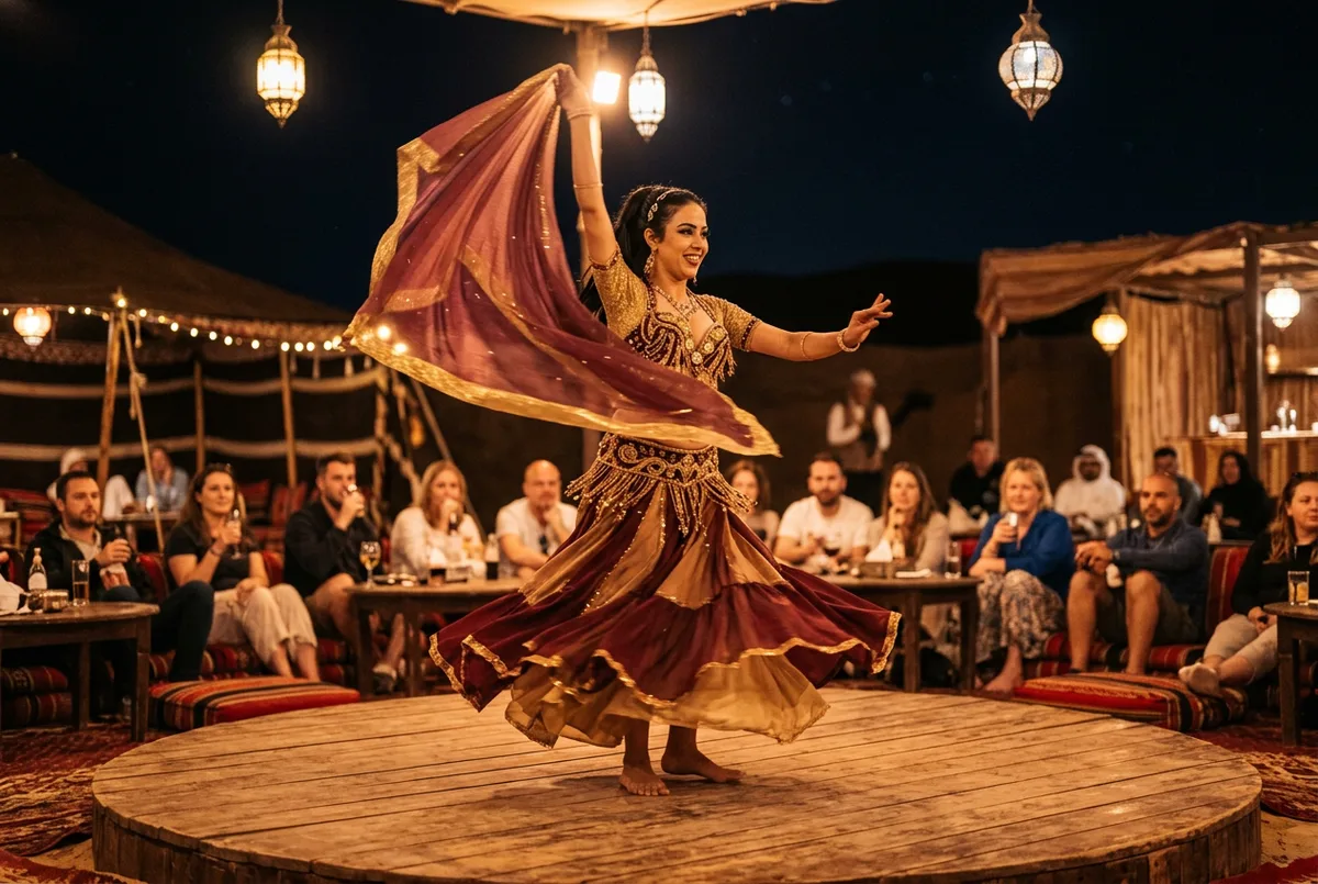 Belly dance performer under colorful stage lights at an evening desert safari camp, Dubai