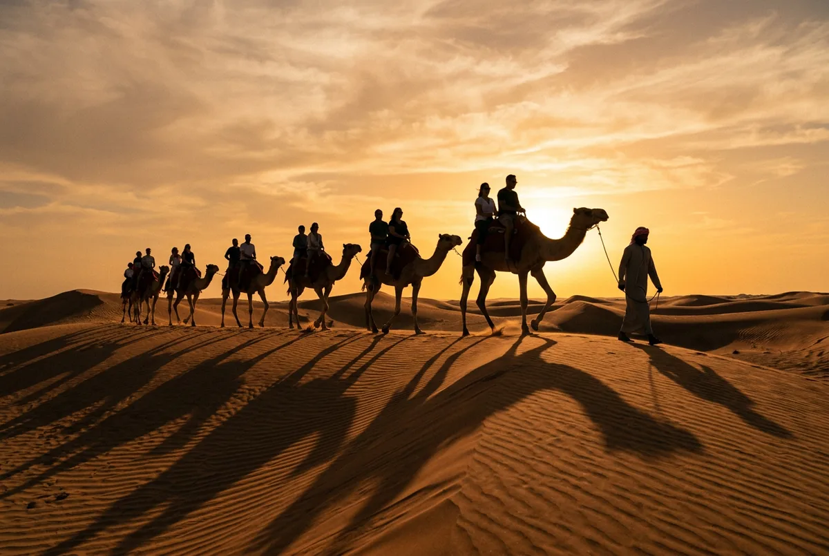 Camel ride silhouette against the sunset in the Dubai desert
