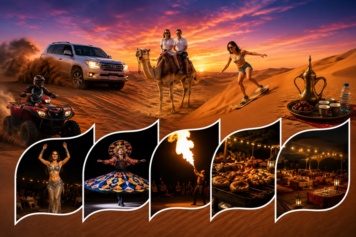 Fire show performer with lit torches at a private desert camp evening in Dubai