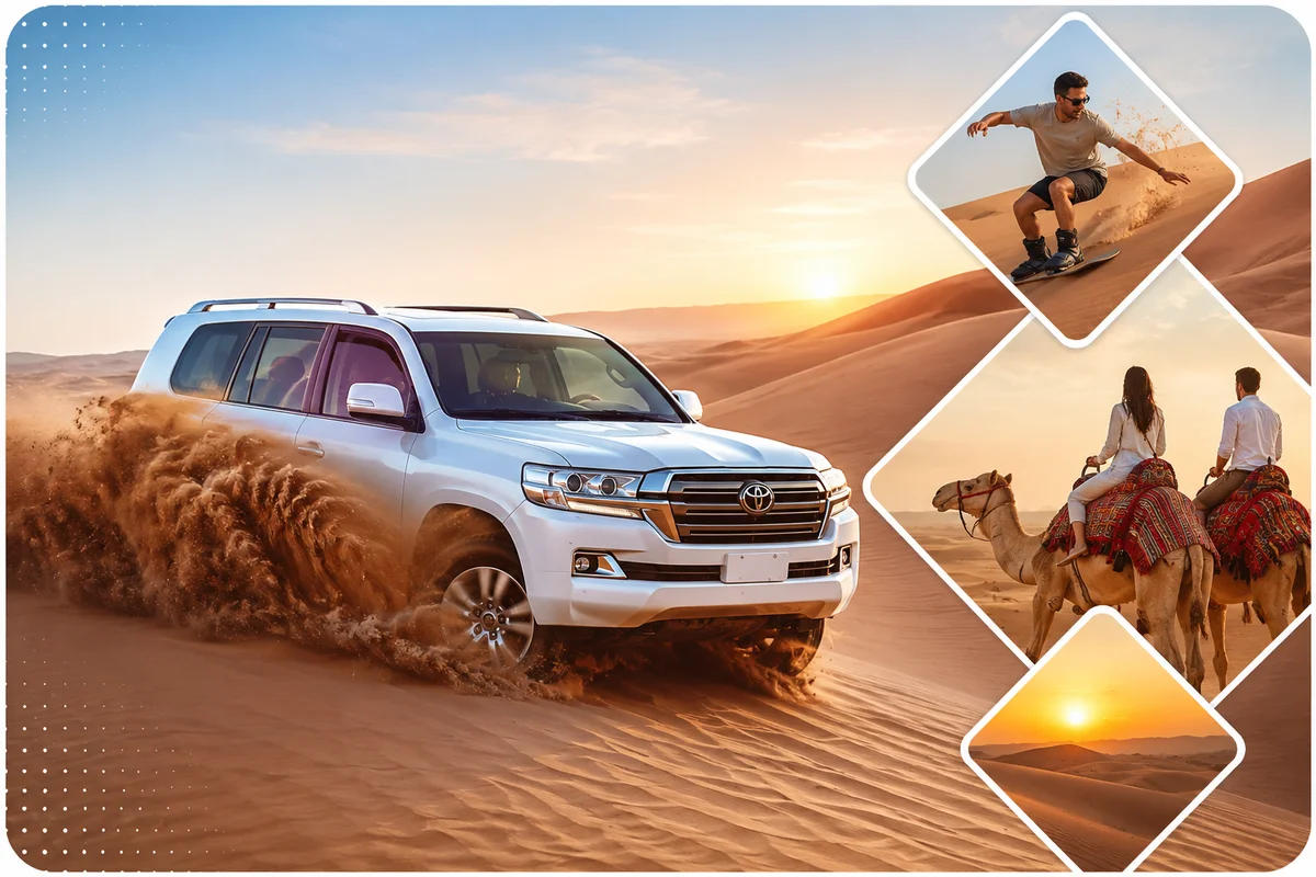 Land Cruiser 4x4 driving through red sand dunes during a morning desert safari near Al Awir, Dubai