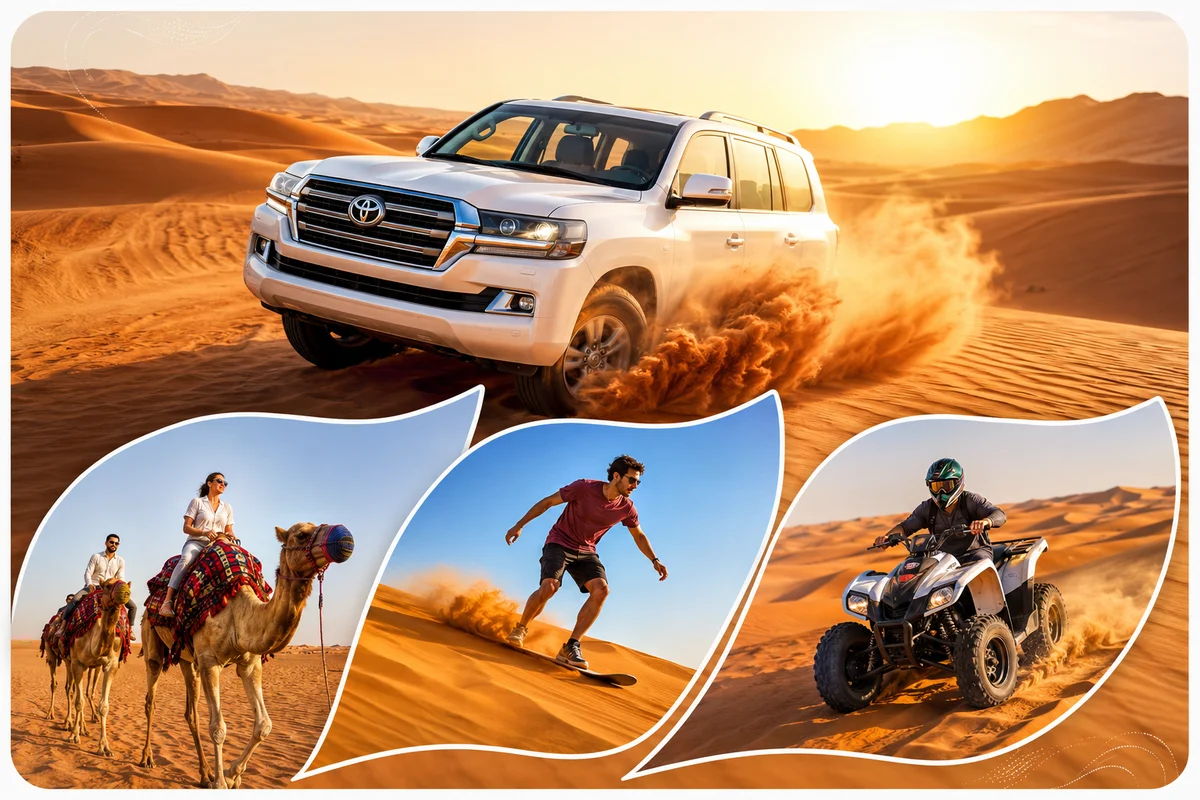 Land Cruiser 4x4 dune bashing with camel ride, sandboarding and quad bike scenes from the morning safari plus quad bike package