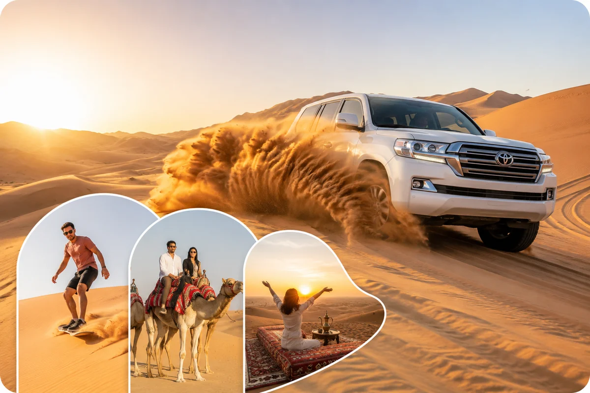Land Cruiser 4x4 dune bashing with sandboarding, camel ride and sunset scenes from the private morning desert safari package