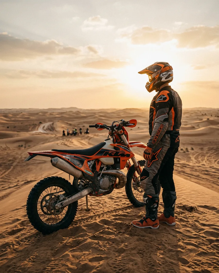 Rider with a KTM dirt bike on a dune crest in the Dubai desert