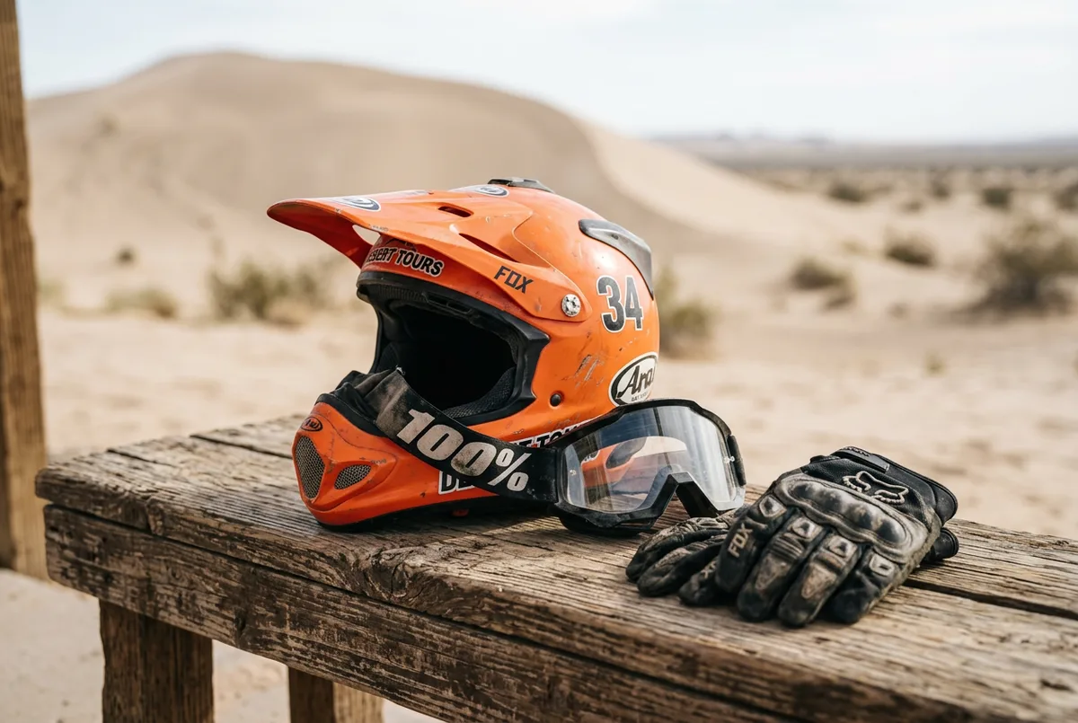 Close-up of dirt bike helmet and goggles, protective gear provided for KTM 450 rides in Dubai