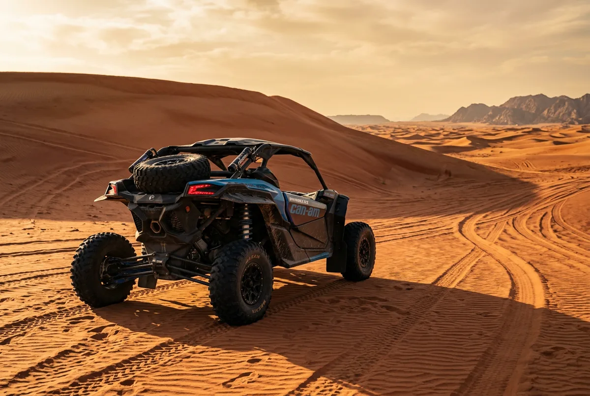 Rear view of the Can-Am Maverick X3 buggy cresting a sand dune in Dubai