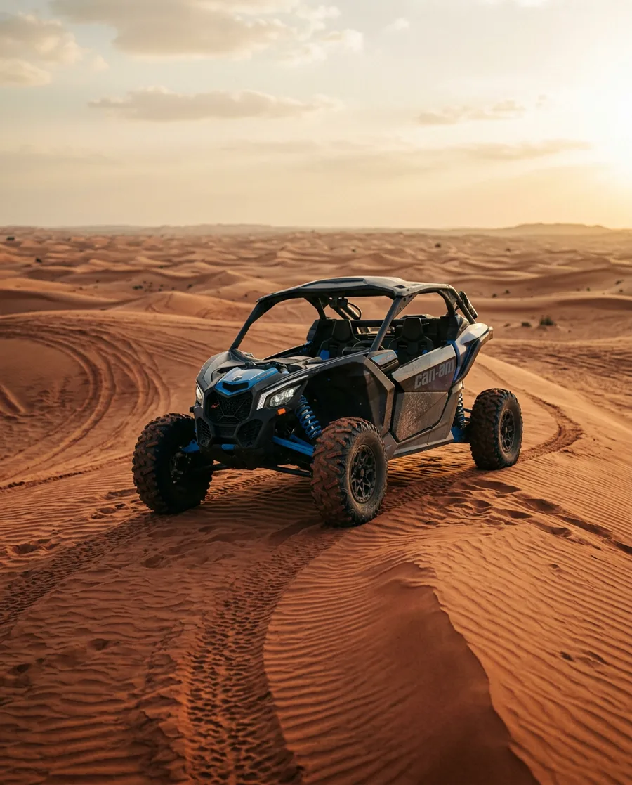 Can-Am Maverick X3 dune buggy parked on a red dune crest in Dubai