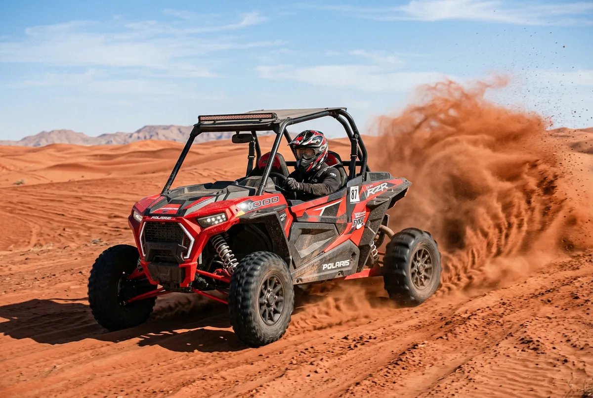 Polaris RZR 1000cc dune buggy driving across open desert terrain in Dubai with dust trailing behind