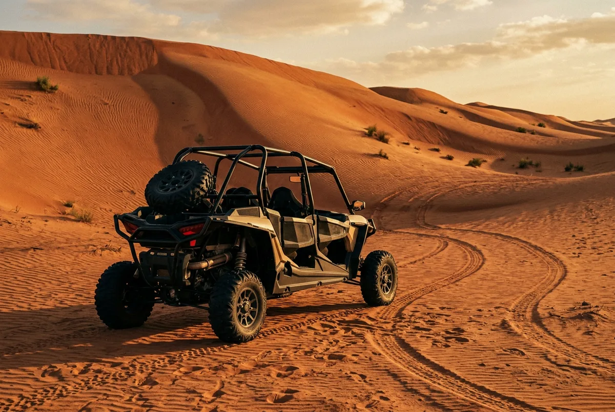 Rear view of a 4 seater Polaris RZR dune buggy climbing a red sand dune in the Dubai desert