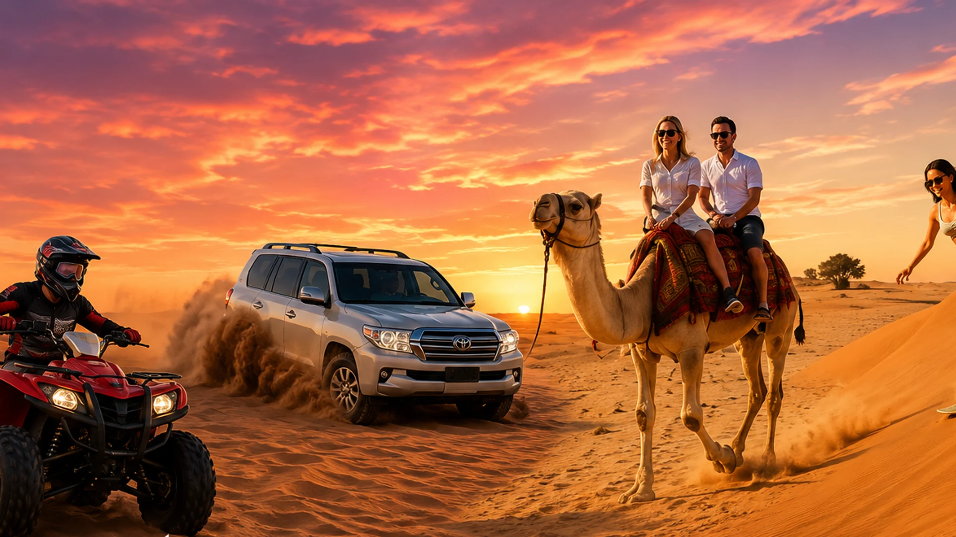 Couple pausing atop a red dune beside their Land Cruiser 4x4 during a Dubai desert safari