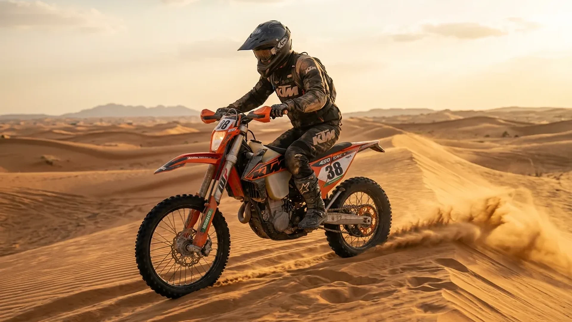 KTM dirt bike rider pausing on a dune crest at sunset in the Dubai desert