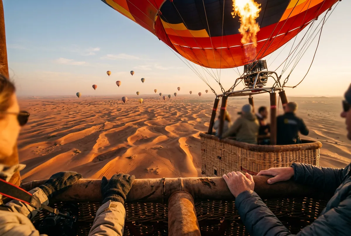 View down from a hot air balloon basket over rippled red sand dunes near Dubai at sunrise
