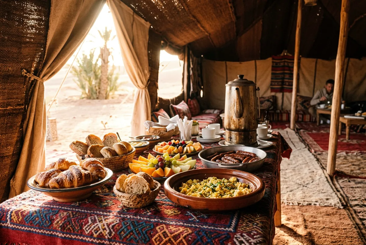 Gourmet breakfast spread with croissants, fresh fruit and pastries at the desert camp for the Hot Air Balloon Premium Package