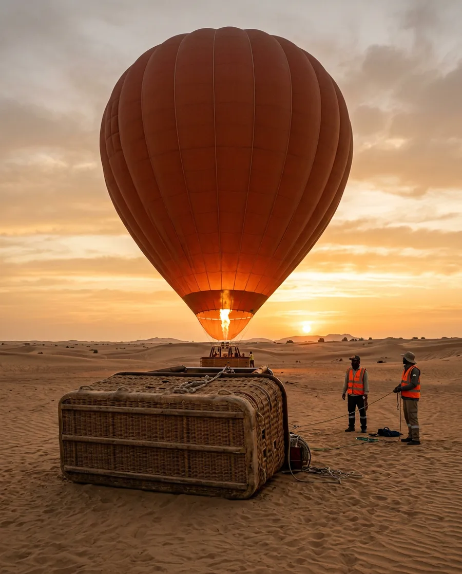 Hot air balloon inflating on the desert floor at dawn near Dubai