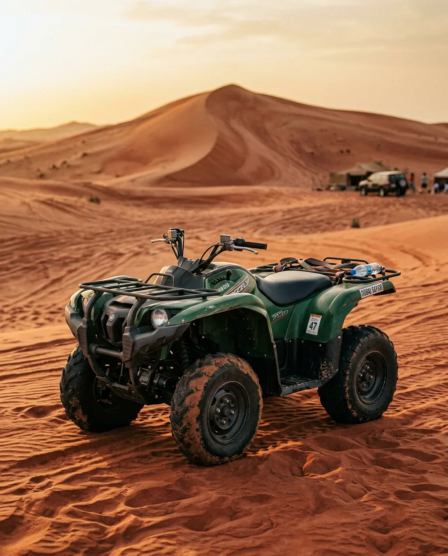 Yamaha Grizzly quad bike parked on open red desert sand in Dubai