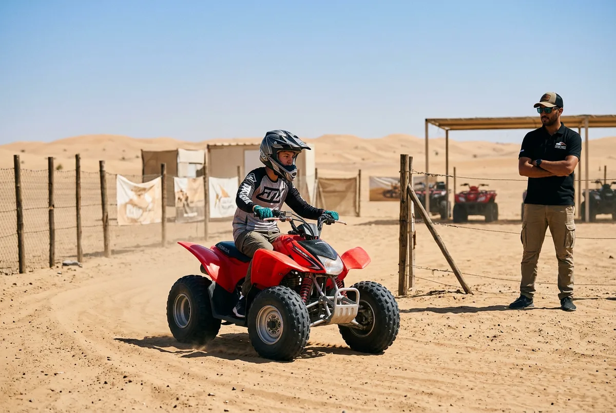 Guide walking beside a rider on the fenced COBRA quad bike track in Dubai