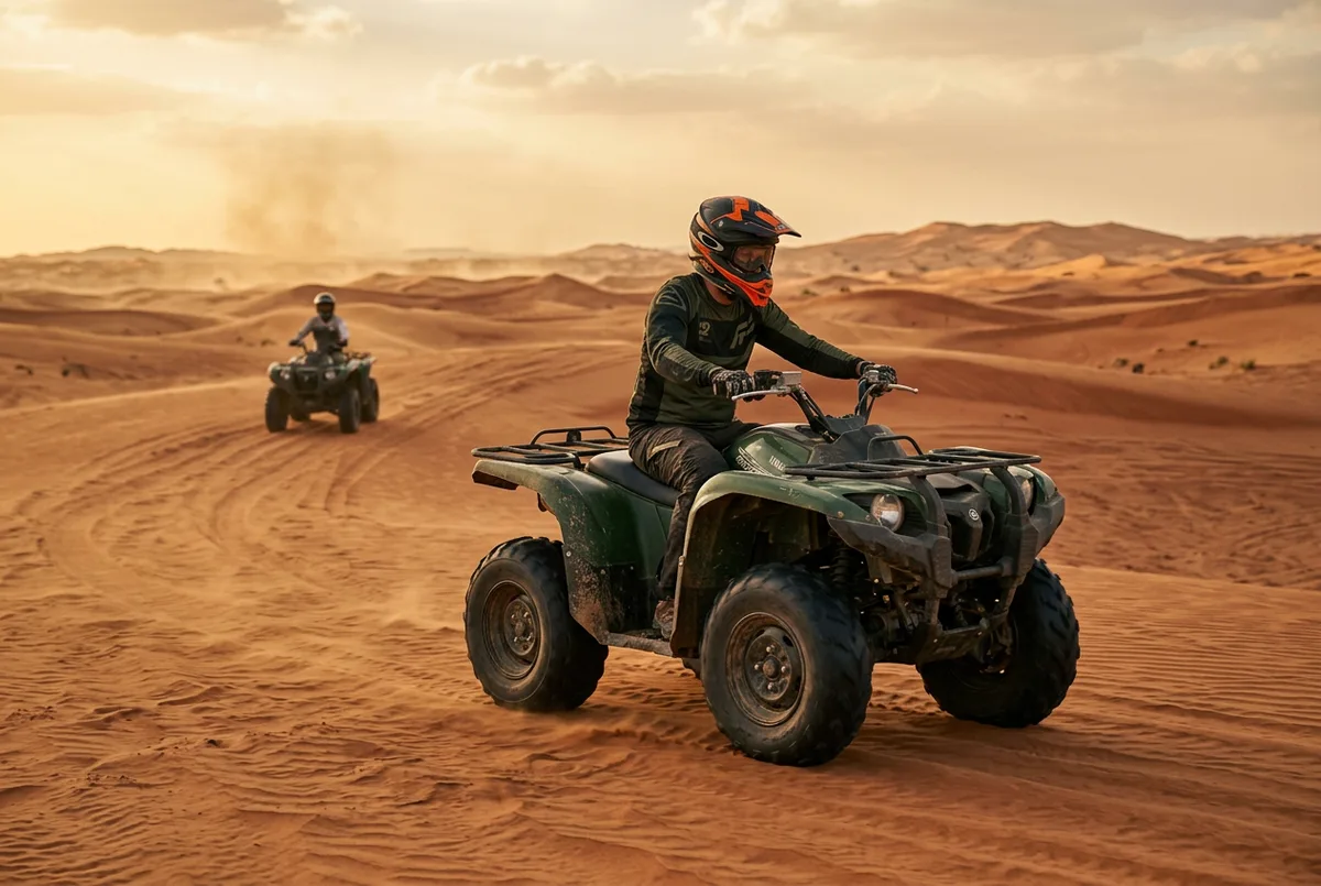 Rider on a Yamaha Grizzly quad bike crossing open desert dunes in Dubai